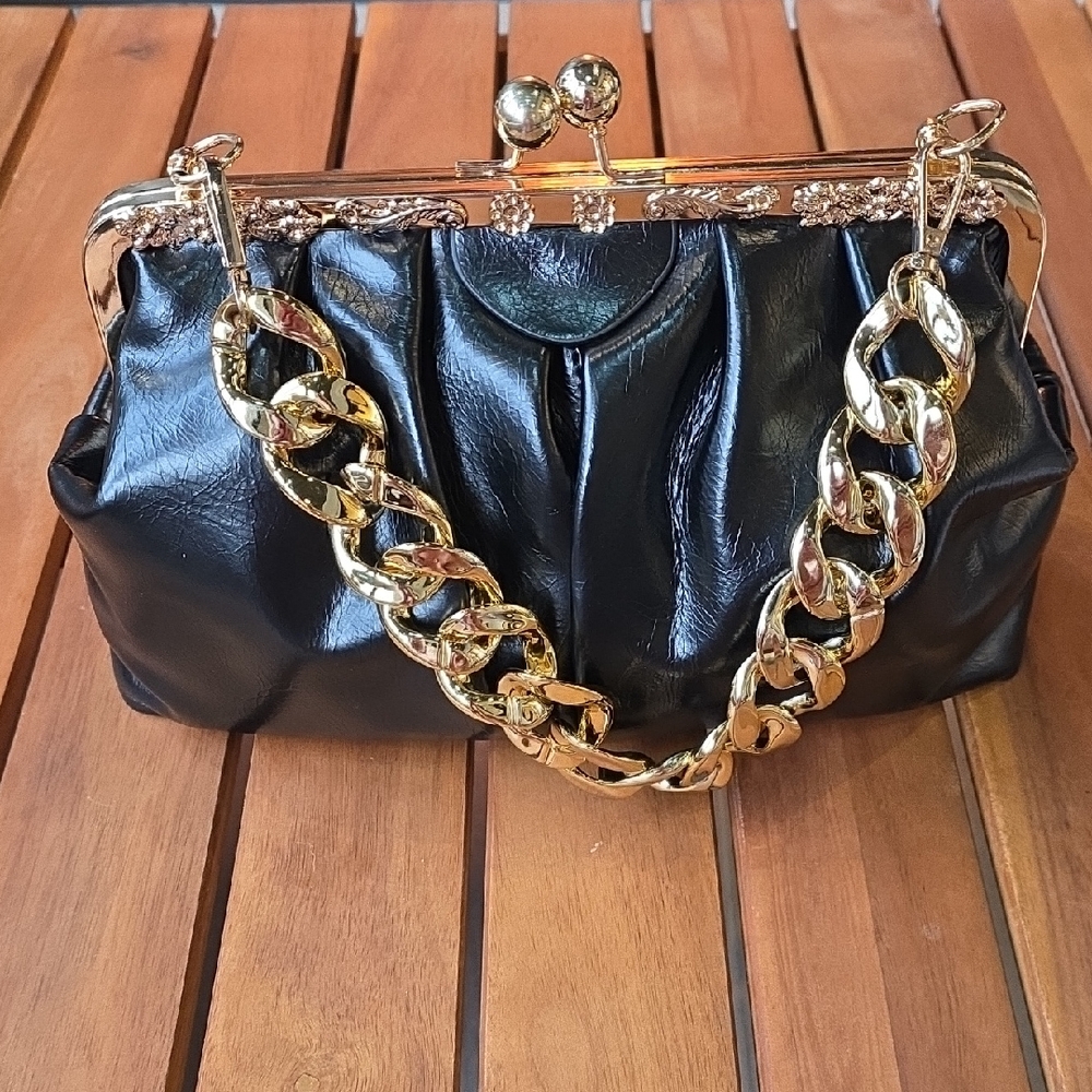 Elegant Black Clutch with Gold Chain